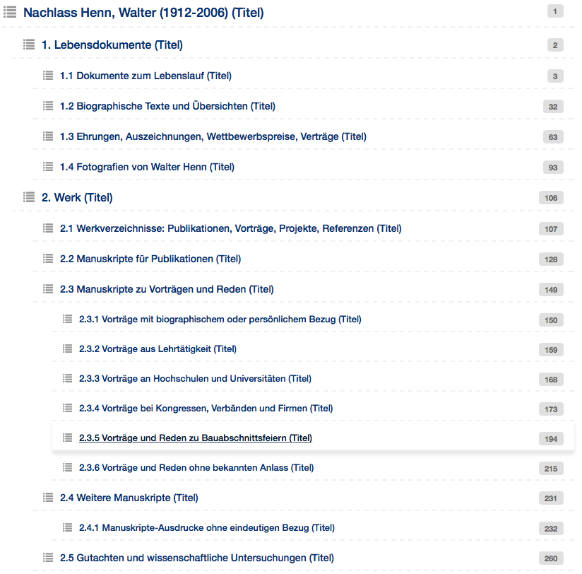 ToC of the finding aid